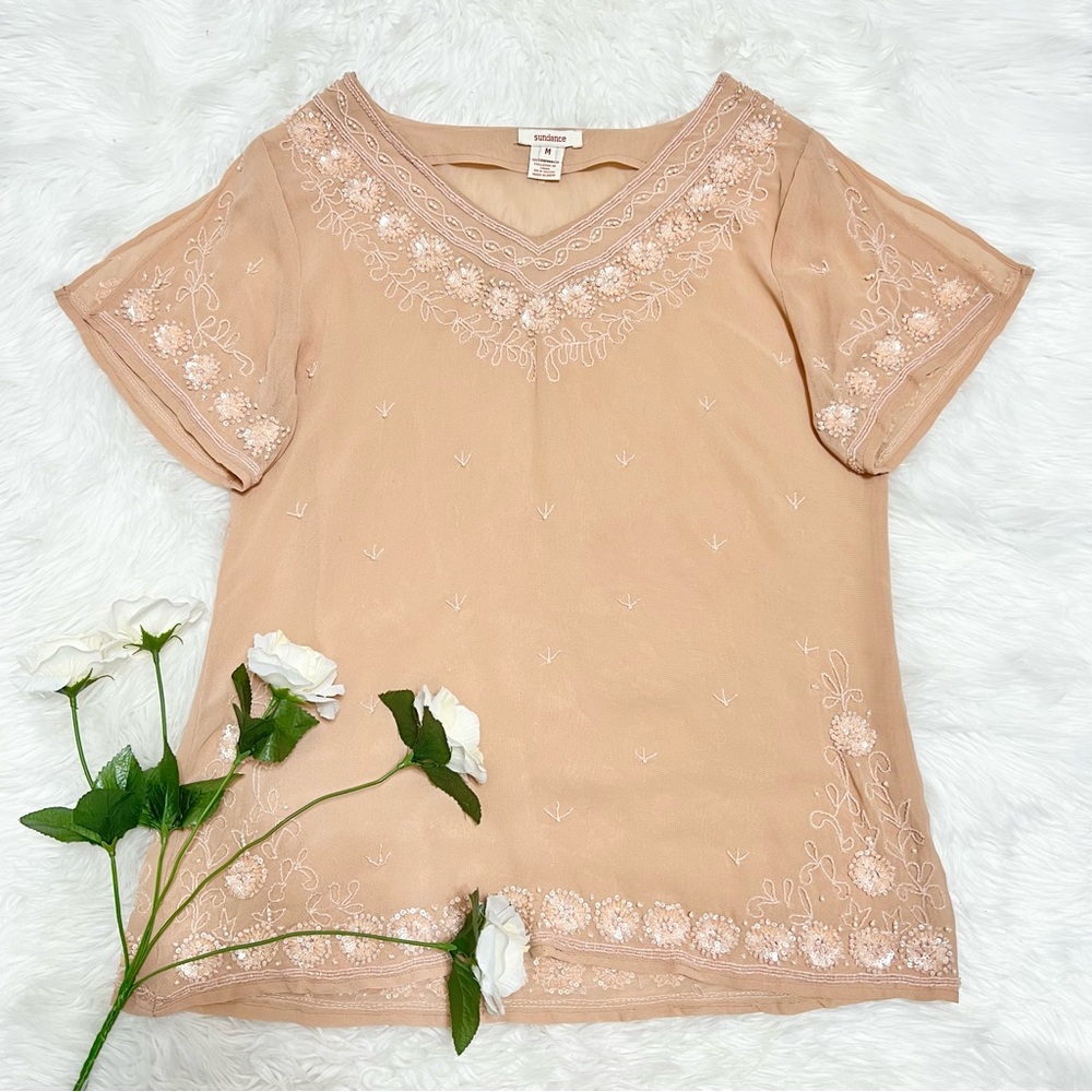 Sundance Peach Beaded Split Sleeve Sheer Blouse